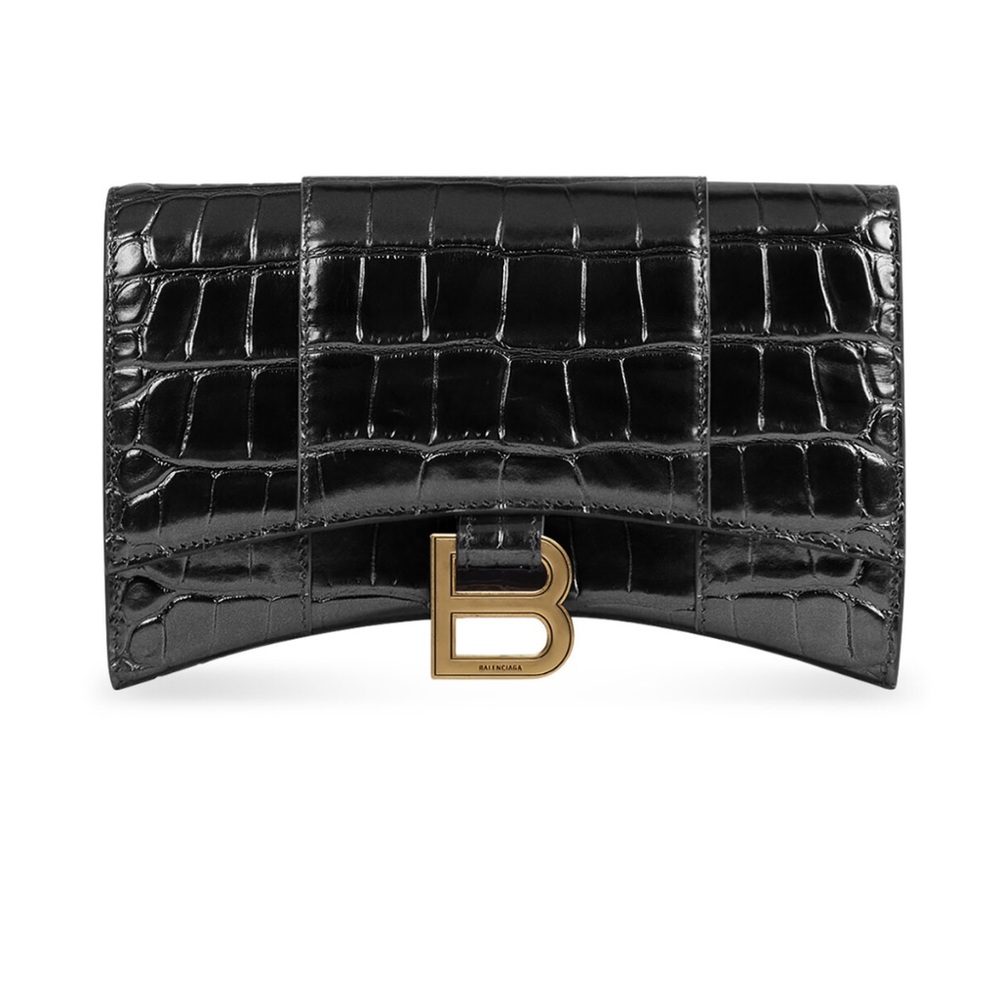WOMEN'S HOURGLASS WALLET ON CHAIN CROCODILE EMBOSSED IN BLACK NEW